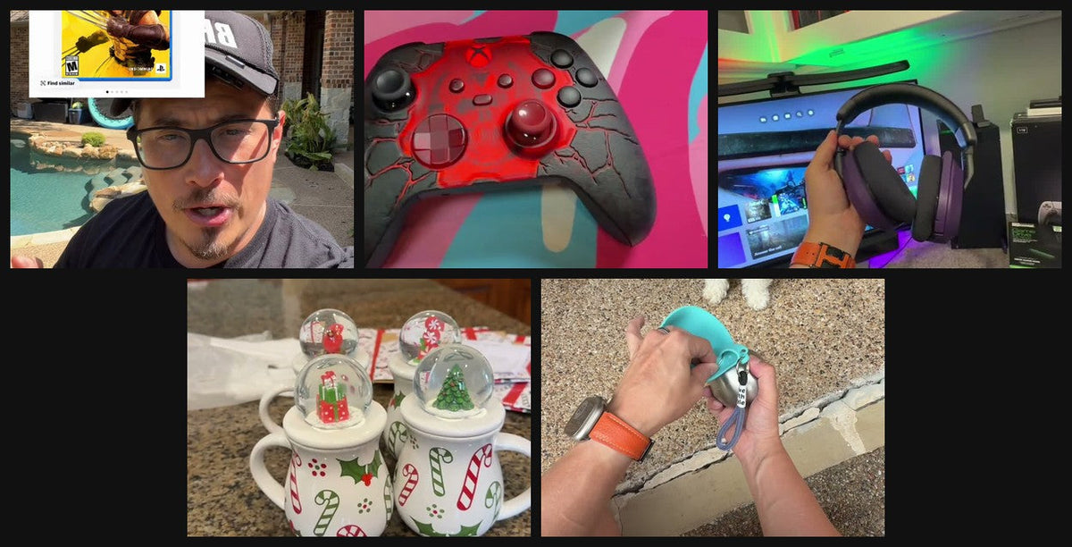 Five products worth your money: Wolverine game, Gears controller, Turtle Beach headset, Temp-tations mugs, dog water bottle