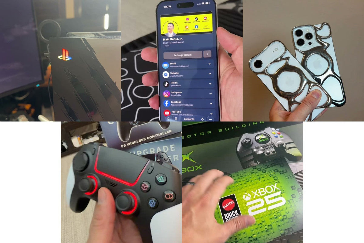 Five more products: PS5 RGB lights, DOT business card, Angry Miao case, PS5-style controller, Mattel Brick Shop Xbox kit