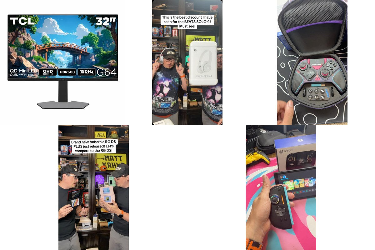 Collage of five products: TCL G64 32 inch QD-Mini LED monitor, Beats Solo 4 headphones, Turtle Beach Victrix Pro BFG controller, Anbernic RG DS Plus handheld, and Nyxi Hyperion 3 split pads