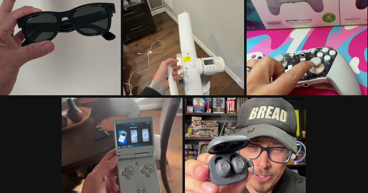 Collage of five products: Ray-Ban Meta smart glasses, Shark TurboBlade, GameSir G7 Pro, Anbernic RG SP, and JBuds Mini ANC