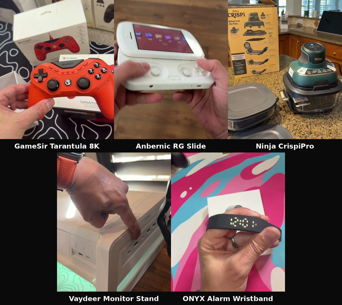 GameSir Tarantula 8K, Anbernic RG Slide, Ninja CrispiPro, Vaydeer Monitor Stand, and ONYX Alarm Wristband collage