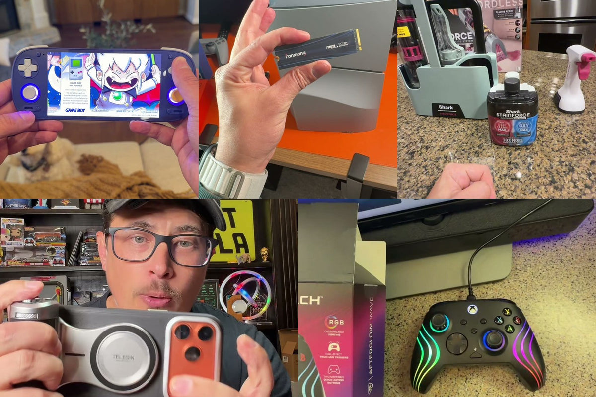 Retroid Pocket 5, Fanxiang SSD, Shark StainForce, Telesin MasterGrip, and Turtle Beach Afterglow Wave collage