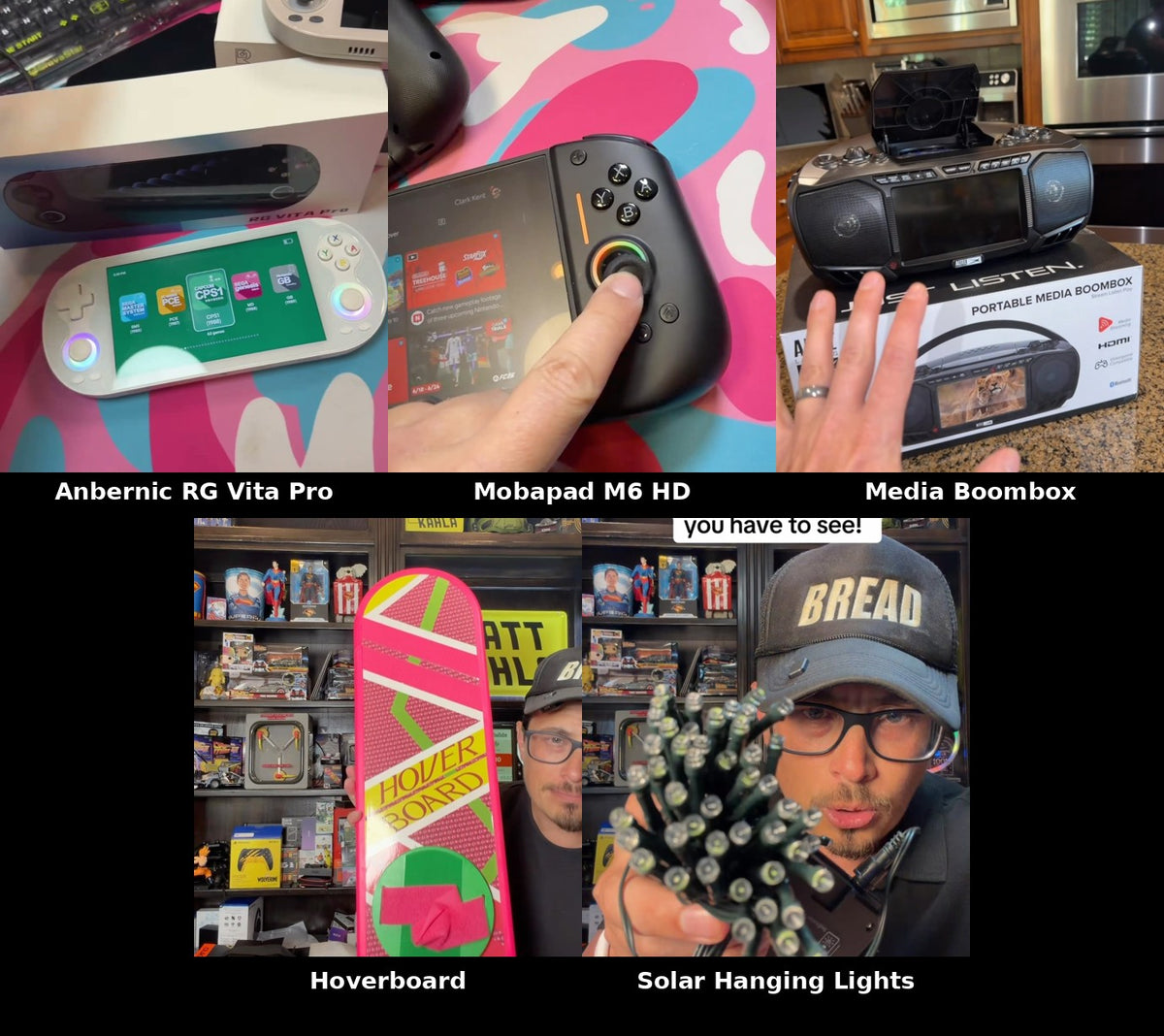 Anbernic RG Vita Pro, Mobapad M6 HD, Media Boombox, Back to the Future Hoverboard, and Solar Hanging Lights collage