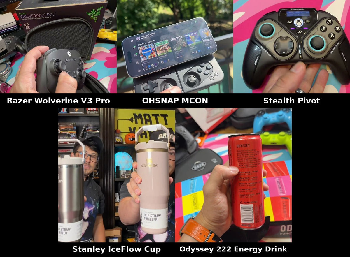 Razer Wolverine V3 Pro, OHSNAP MCON, Turtle Beach Stealth Pivot, Stanley IceFlow Cup, and Odyssey 222 Energy Drink collage