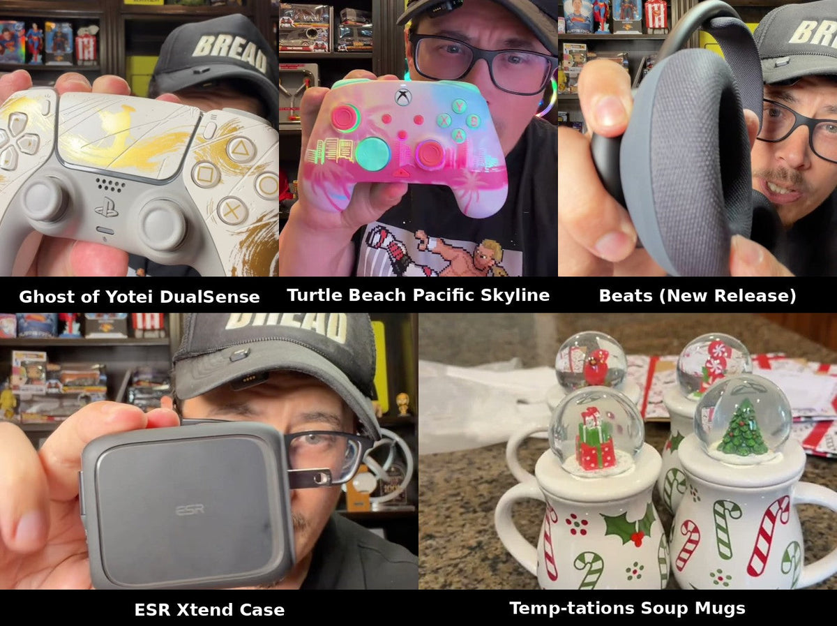Ghost of Yotei Gold DualSense, Turtle Beach Pacific Skyline controller, Beats new release headphones, ESR Xtend Case, and Temp-tations soup mugs collage