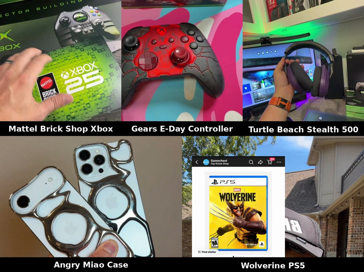 Collage of Mattel Brick Shop Xbox Building Kit, Gears of War E-Day Controller, Turtle Beach Stealth 500 headset, Angry Miao Phone Case, and Wolverine PS5 physical copy