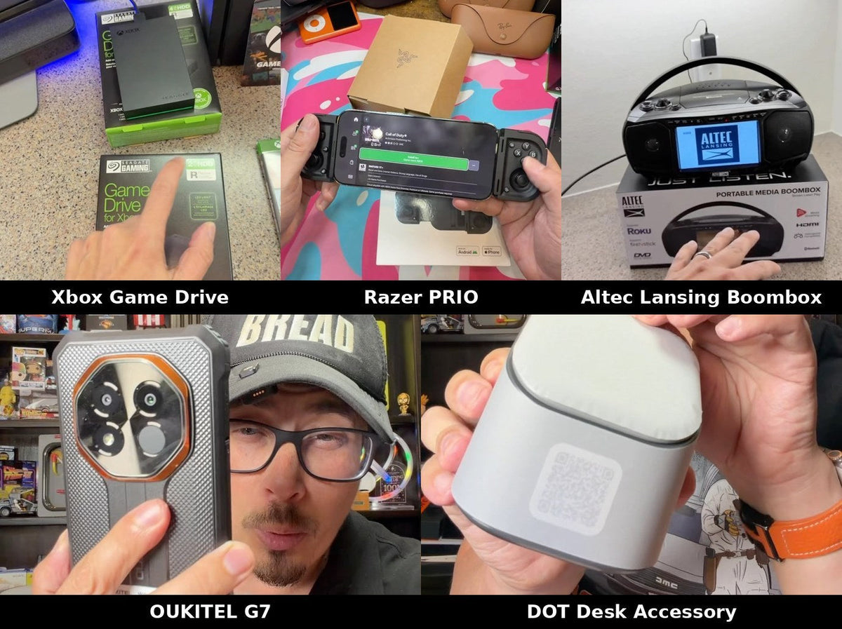 Xbox Game Drive, Razer PRIO Folding Controller, Altec Lansing Screen Boombox, OUKITEL G7, and DOT Desk Accessory